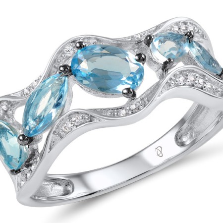 Sterling Silver w/ Black White Plating Ring Blue Topaz (Sky Blue),White Cubic Zirconia (R304551SBKZSK925) - US 5