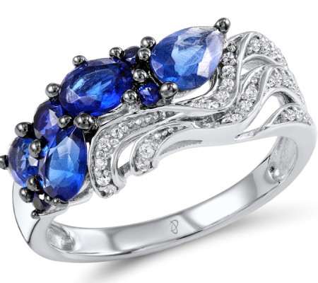 Sterling Silver w/ Black White Plating Ring Blue Nano Cubic Zirconia,White Cubic Zirconia,Blue Glass (R304552SBLNZSK925) - US 5.5