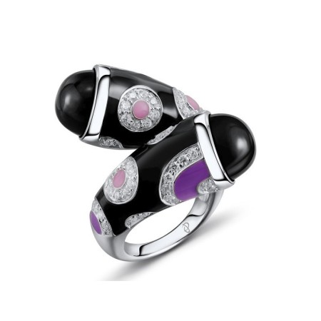 Sterling Silver Ring Enamel,Purple Glass,White Cubic Zirconia (R304598ENASL925)