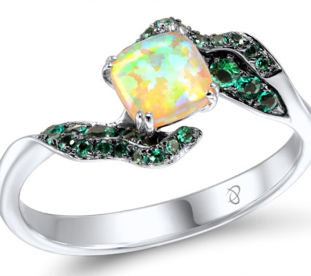 Sterling Silver w/ Black White Plating Ring Created Emerald,Created Yellow Opal (R304620SCEYSK925) - US 6.75