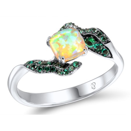 Sterling Silver w/ Black White Plating Ring Created Emerald,Created Yellow Opal (R304620SCEYSK925) - US 6.75