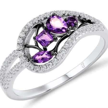Sterling Silver w/ Black White Plating Ring White Cubic Zirconia,Amethyst (R304632SAYZSK925) - US 5