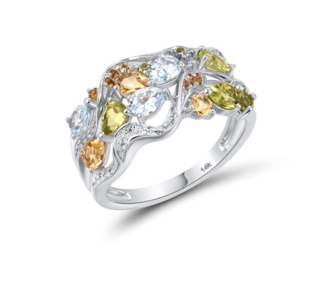 14KW Ring Blue Topaz (Sky Blue),Blue Topaz (Swiss Blue),Citrine,Diamond,Peridot (R304762MUL114KW) - US 6