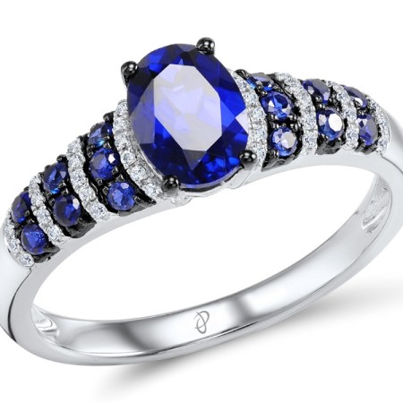Sterling Silver w/ Black White Plating Ring Blue Glass,Blue Nano Cubic Zirconia,White Cubic Zirconia (R304847BLNZSK925) - US 6