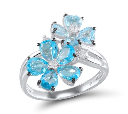 Sterling Silver w/ Black White Plating Ring Blue Glass,White Cubic Zirconia (R304912BLGZSK925) - US 5
