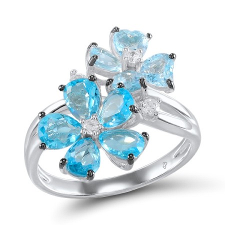Sterling Silver w/ Black White Plating Ring Blue Glass,White Cubic Zirconia (R304912BLGZSK925) - US 5