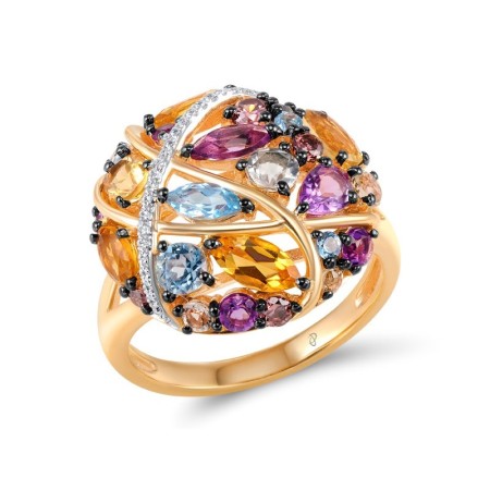 Sterling Silver w/ Rose Black White Plating Ring Amethyst,Blue Topaz (Swiss Blue),Citrine,Lemon Quartz,Rhodolite Garnet Cubic Zirconi,White Cubic Zirconia (R305019AMULSV925)