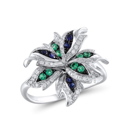 Sterling Silver w/ Black White Plating Ring Created Sapphire,Green Spinel,White Cubic Zirconia (R305025CSGZSK925)