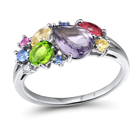 Sterling Silver Ring White Cubic Zirconia,Green Glass,Yellow Cubic Zirconia,Pink Glass,Blue Spinel,Yellow Glass,Purple Glass,Created Pink Sapphire (R305073MUL2SL925) - US 6