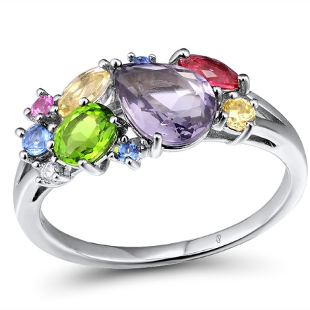 Sterling Silver Ring White Cubic Zirconia,Green Glass,Yellow Cubic Zirconia,Pink Glass,Blue Spinel,Yellow Glass,Purple Glass,Created Pink Sapphire (R305073MUL2SL925) - US 6