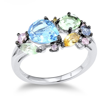 Sterling Silver w/ Black White Plating Ring Blue Spinel,Yellow Cubic Zirconia,Yellow Glass,Green Glass,Blue Glass,Pink Cubic Zirconia (R305073MULSK925) - US 5