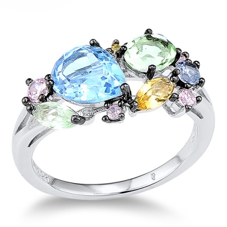 Sterling Silver w/ Black White Plating Ring Blue Spinel,Yellow Cubic Zirconia,Yellow Glass,Green Glass,Blue Glass,Pink Cubic Zirconia (R305073MULSK925) - US 5