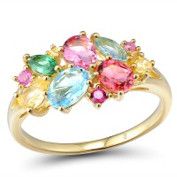 Sterling Silver w/ Yellow Plating Ring Created Ruby,Yellow Glass,Green Spinel,Blue Glass,Pink Glass,Created Pink Sapphire,Yellow Cubic Zirconia (R305075MUL2SY925) - US 6