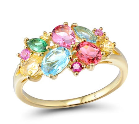 Sterling Silver w/ Yellow Plating Ring Created Ruby,Yellow Glass,Green Spinel,Blue Glass,Pink Glass,Created Pink Sapphire,Yellow Cubic Zirconia (R305075MUL2SY925) - US 6