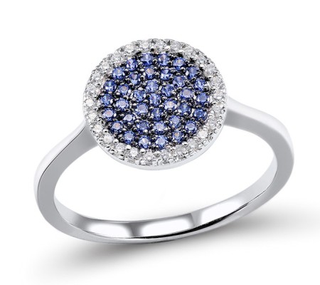 Sterling Silver w/ Black White Plating Ring Blue Nano Cubic Zirconia,White Cubic Zirconia (R305279BZZSK925) - US 6.5