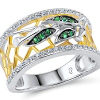 Sterling Silver w/ Yellow Black White Plating Ring Green Spinel,White Cubic Zirconia (R305329GSZSZ925) - US 5.5