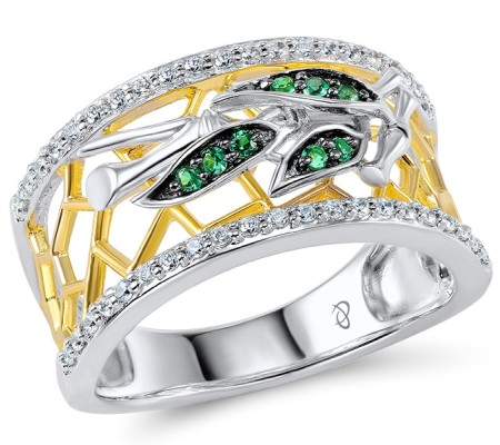 Sterling Silver w/ Yellow Black White Plating Ring Green Spinel,White Cubic Zirconia (R305329GSZSZ925) - US 5.5