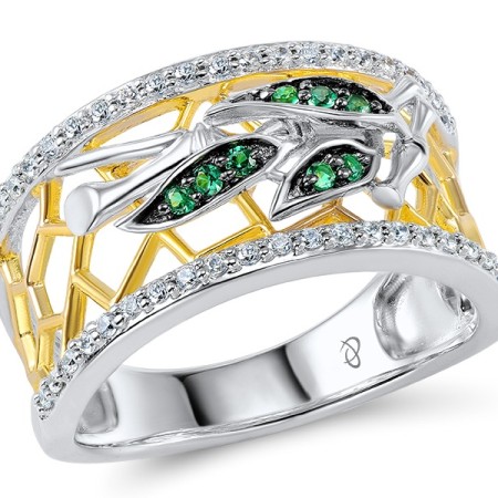 Sterling Silver w/ Yellow Black White Plating Ring Green Spinel,White Cubic Zirconia (R305329GSZSZ925) - US 5.5