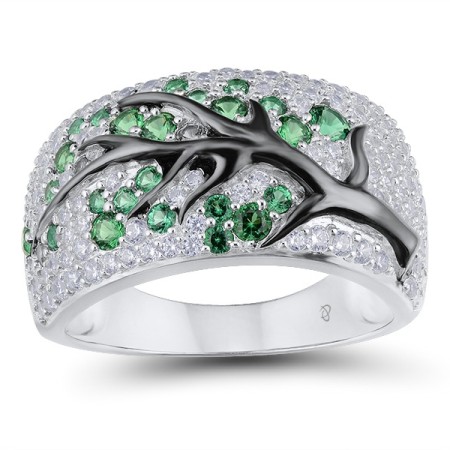 Sterling Silver w/ Black White Plating Ring Green Spinel,White Cubic Zirconia (R305333GSZSK925) - US 6