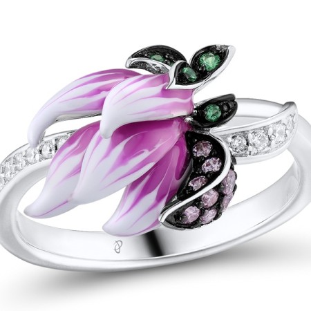 Sterling Silver w/ Black White Plating Ring Enamel,Green Spinel,Pink Cubic Zirconia,White Cubic Zirconia (R305355ENASK925)