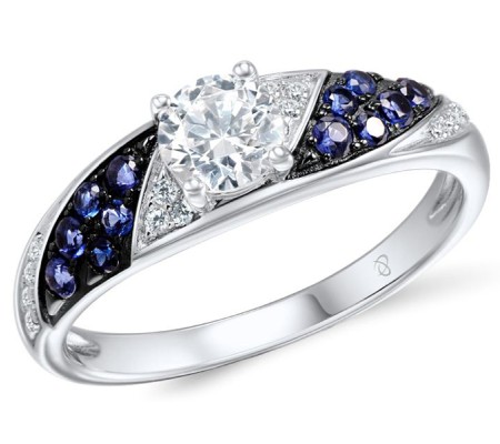 Sterling Silver w/ Black White Plating Ring Blue Nano Cubic Zirconia,White Cubic Zirconia (R306058SBZZSK925) - US 6