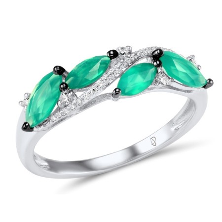 Sterling Silver w/ Black White Plating Ring Green Chalcedony,White Cubic Zirconia (R306123GCWZSK925)