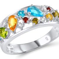 Sterling Silver Ring Garnet,Peridot,Blue Topaz (Swiss Blue),White Cubic Zirconia,Citrine (R306271MULSL925) - US 5