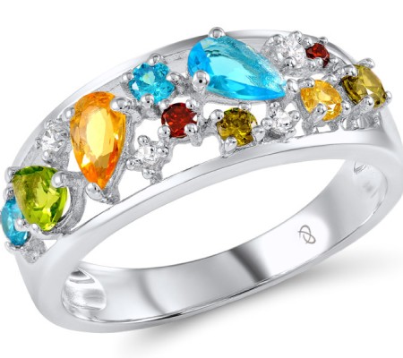 Sterling Silver Ring Garnet,Peridot,Blue Topaz (Swiss Blue),White Cubic Zirconia,Citrine (R306271MULSL925) - US 5