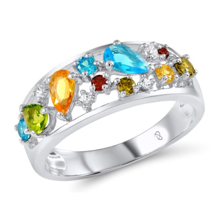 Sterling Silver Ring Garnet,Peridot,Blue Topaz (Swiss Blue),White Cubic Zirconia,Citrine (R306271MULSL925) - US 5