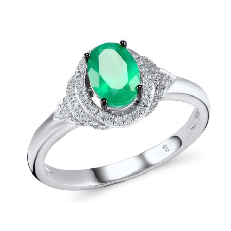 Sterling Silver w/ Black White Plating Ring Green Chalcedony,White Cubic Zirconia (R306402GCWZSK925)