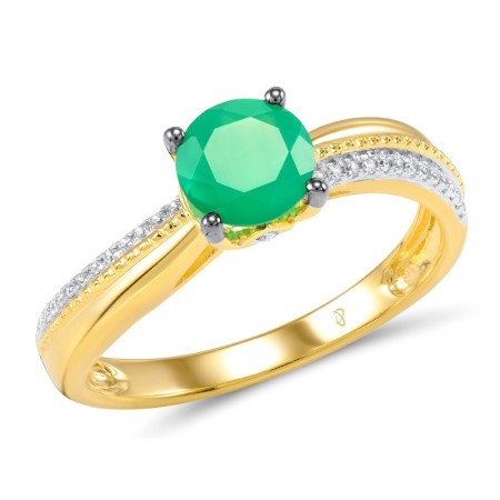 Sterling Silver w/ Yellow Black White Plating Ring Green Chalcedony,White CZ (R306440GCWZSZ925)