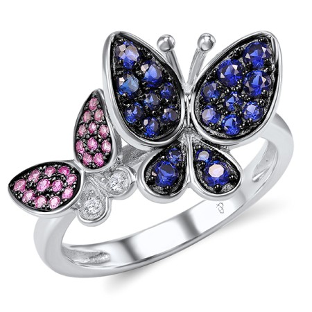 Sterling Silver w/ Black White Plating Ring Created Pink Sapphire,White Cubic Zirconia,Blue Nano Cubic Zirconia (R306549SBPSZSK925) - US 5.5