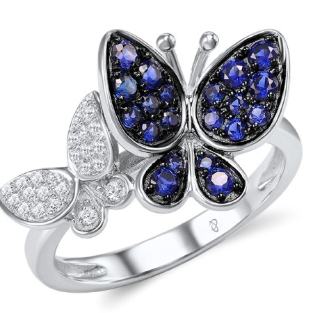 Sterling Silver w/ Black White Plating Ring Blue Nano Cubic Zirconia,White Cubic Zirconia (R306549SBZZSK925) - US 5.5