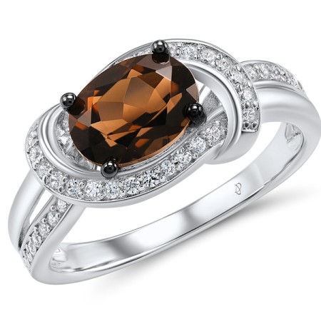 Sterling Silver w/ Black White Plating Ring Smoky Quartz,White Cubic Zirconia (R306664SKZSK925) - US 5