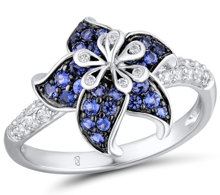 Sterling Silver w/ Black White Plating Ring Blue Nano Cubic Zirconia,White Cubic Zirconia (R306666BZZSK925) - US 5.5