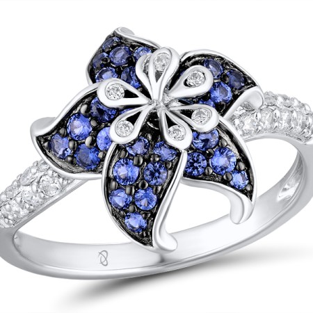Sterling Silver w/ Black White Plating Ring Blue Nano Cubic Zirconia,White Cubic Zirconia (R306666BZZSK925) - US 5.5