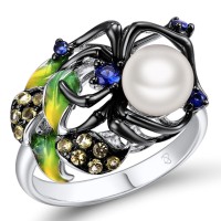 Sterling Silver w/ Black White Plating Ring Blue Nano Cubic Zirconia,Enamel,Fresh Water White Pearl,Green Nano Cubic Zirconia (Per (R306748SENASK925) - US 6.75