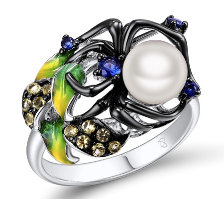 Sterling Silver w/ Black White Plating Ring Blue Nano Cubic Zirconia,Enamel,Fresh Water White Pearl,Green Nano Cubic Zirconia (Per (R306748SENASK925) - US 6.75
