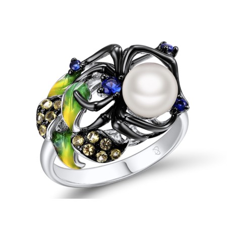 Sterling Silver w/ Black White Plating Ring Blue Nano Cubic Zirconia,Enamel,Fresh Water White Pearl,Green Nano Cubic Zirconia (Per (R306748SENASK925) - US 6.75