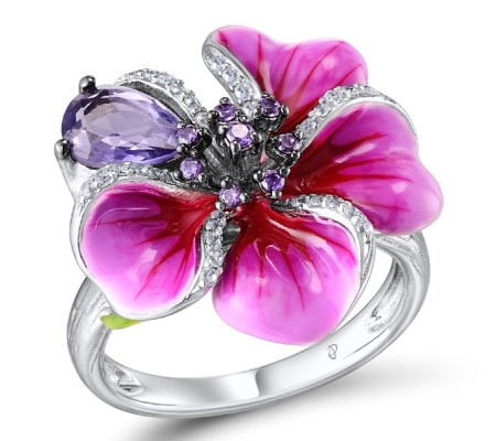 Sterling Silver Ring Amethyst Cubic Zirconia,Enamel,Purple Glass,White Cubic Zirconia (R306760ENA1SL925)