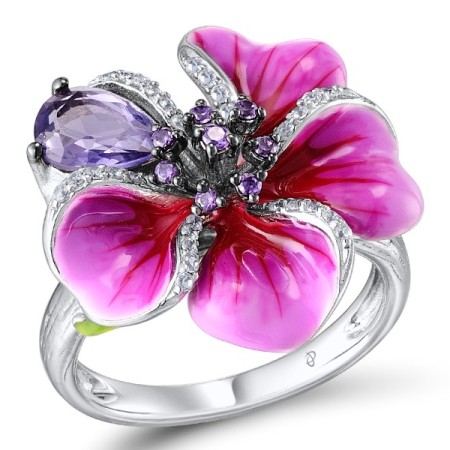 Sterling Silver Ring Amethyst Cubic Zirconia,Enamel,Purple Glass,White Cubic Zirconia (R306760ENA1SL925)