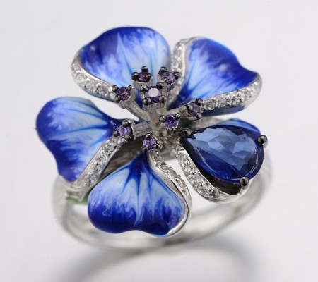 Sterling Silver w/ Black White Plating Ring Amethyst Cubic Zirconia,Blue Glass,Enamel,White Cubic Zirconia (R306760ENA2SK925)