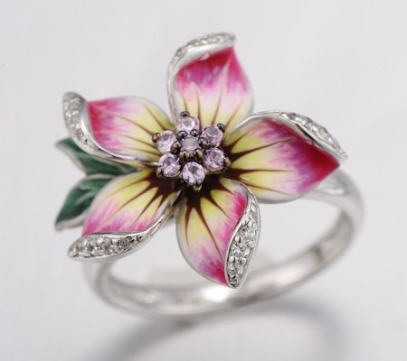 Sterling Silver w/ Black White Plating Ring Created Pink Sapphire,Enamel,White Cubic Zirconia (R306762ENA1SK925)