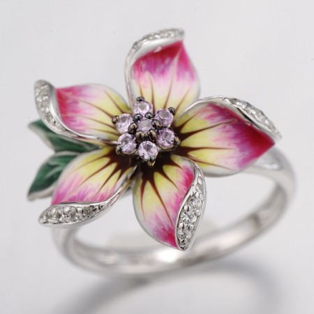 Sterling Silver w/ Black White Plating Ring Created Pink Sapphire,Enamel,White Cubic Zirconia (R306762ENA1SK925)