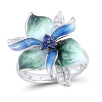 Sterling Silver w/ Black White Plating Ring Blue Nano Cubic Zirconia,Enamel,White Cubic Zirconia (R306763ENA3SK925) - US 6.5