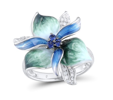 Sterling Silver w/ Black White Plating Ring Blue Nano Cubic Zirconia,Enamel,White Cubic Zirconia (R306763ENA3SK925) - US 6.5