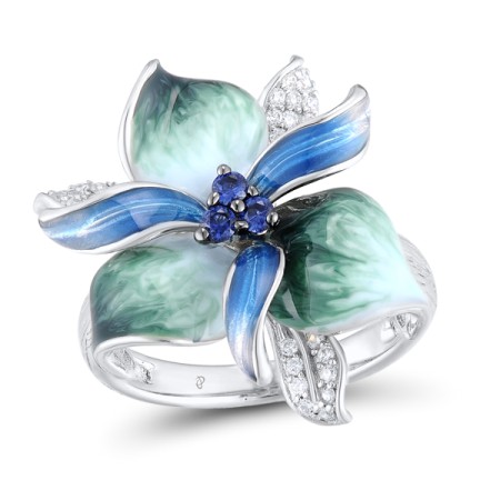 Sterling Silver w/ Black White Plating Ring Blue Nano Cubic Zirconia,Enamel,White Cubic Zirconia (R306763ENA3SK925) - US 6.5