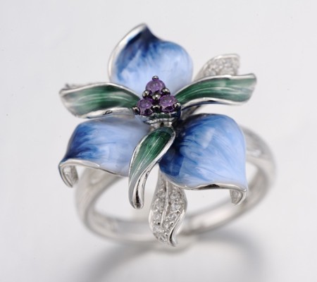 Sterling Silver w/ Black White Plating Ring Amethyst Cubic Zirconia,Enamel,White Cubic Zirconia (R306763ENA4SK925)