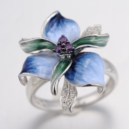 Sterling Silver w/ Black White Plating Ring Amethyst Cubic Zirconia,Enamel,White Cubic Zirconia (R306763ENA4SK925)