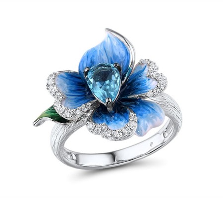 Sterling Silver w/ Black White Plating Ring Blue Spinel,Enamel,White Cubic Zirconia (R306764ENA1SK925) - US 6